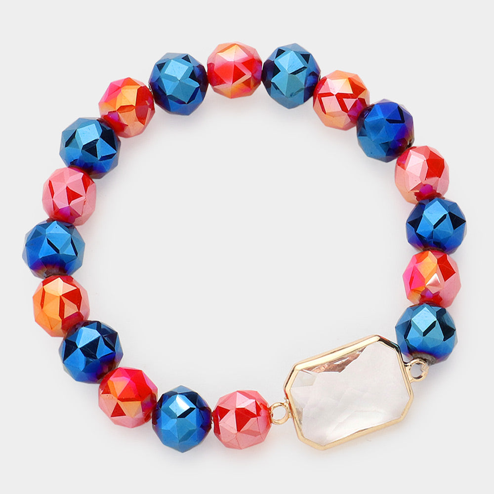 Madeline Love Lucite, Navy, Orange Lucite Accented Faceted Beaded Stretch Bracelet - Bracelets