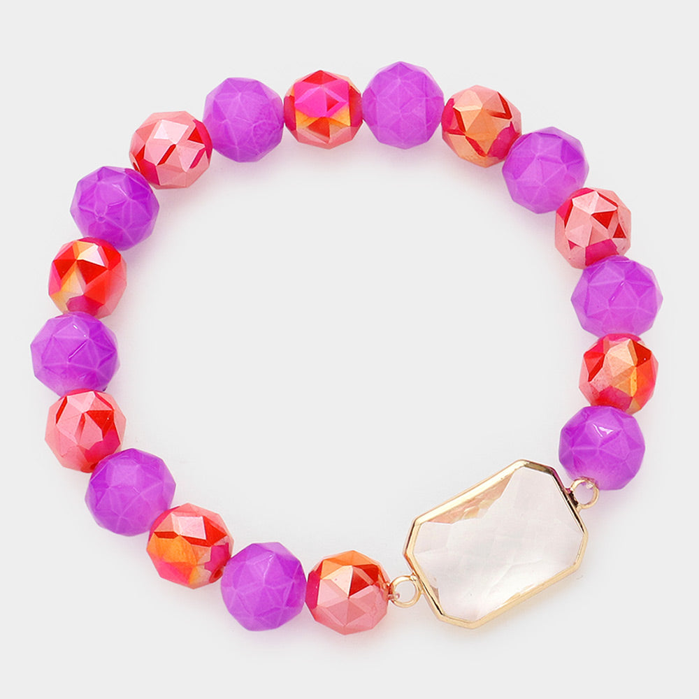 Madeline Love Lucite, Orange, Purple Lucite Accented Faceted Beaded Stretch Bracelet - Bracelets