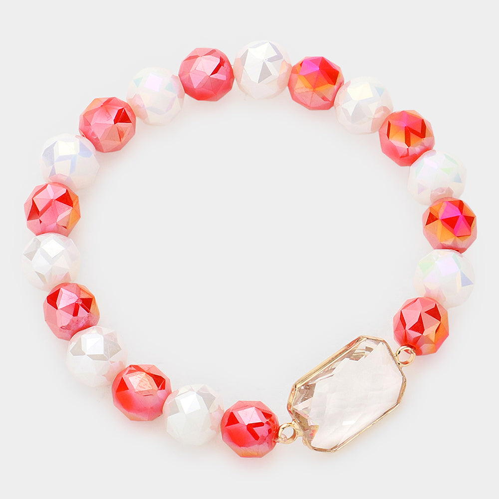 Madeline Love Lucite, Orange, White Lucite Accented Faceted Beaded Stretch Bracelet - Bracelets