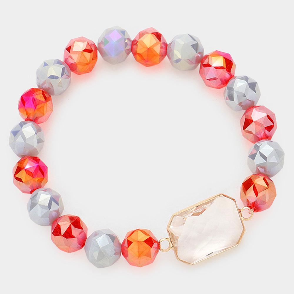Madeline Love Gray, Lucite, Red Lucite Accented Faceted Beaded Stretch Bracelet - Bracelets