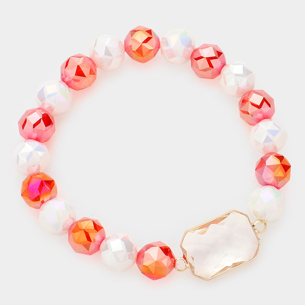 Madeline Love Lucite, Red, White Lucite Accented Faceted Beaded Stretch Bracelet - Bracelets