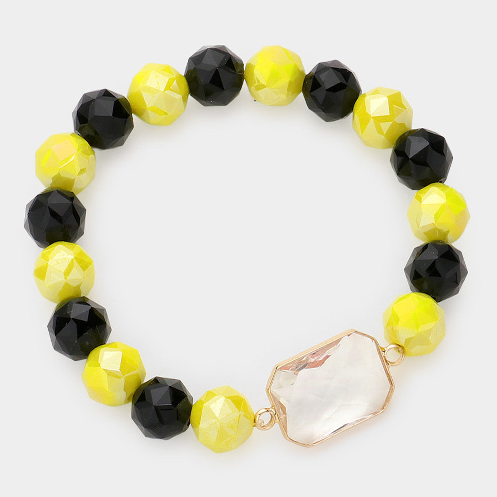 Madeline Love Black, Lucite, Yellow Lucite Accented Faceted Beaded Stretch Bracelet - Bracelets