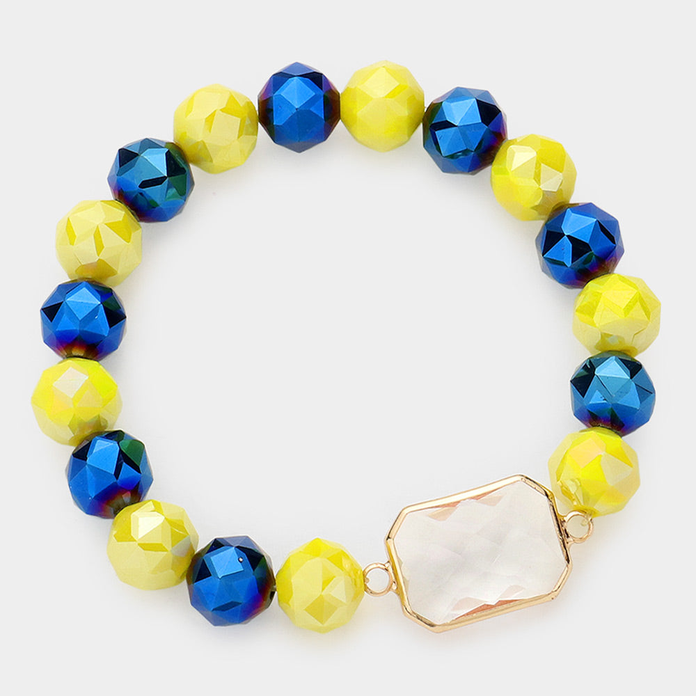 Madeline Love Lucite, Navy, Yellow Lucite Accented Faceted Beaded Stretch Bracelet - Bracelets