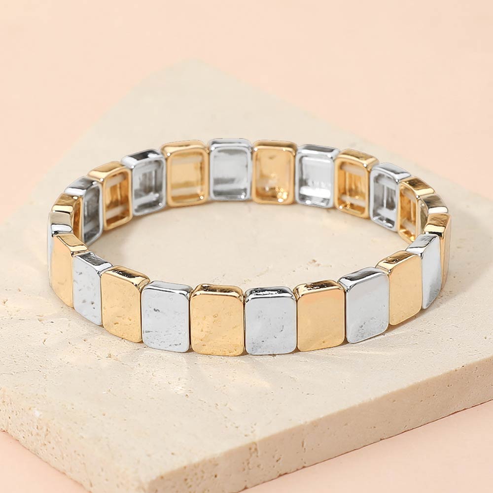 Madeline Love Gold, Silver Square Metal Stretch Bracelet - Bracelets