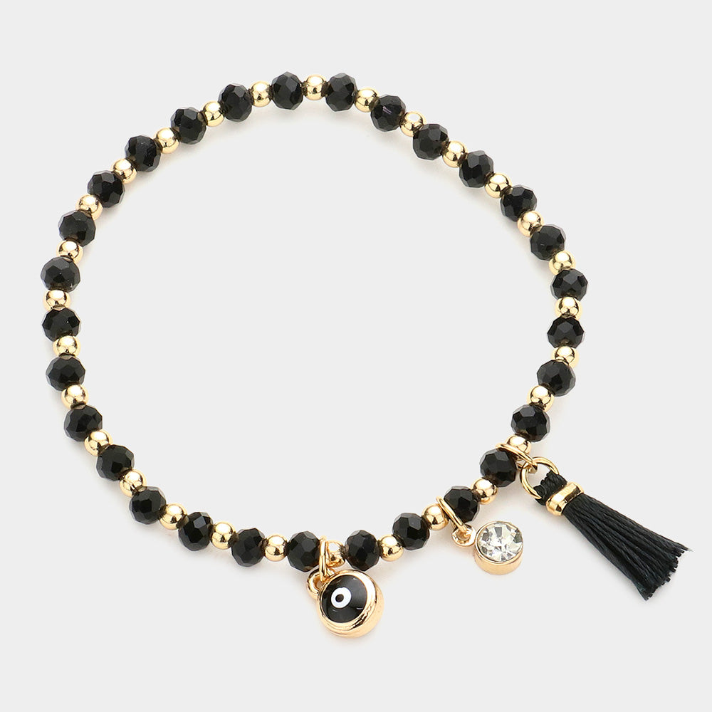 Madeline Love Black, Gold Evil Eye Round Stone Tassel Charm Faceted Beaded Stretch Bracelet - Bracelets
