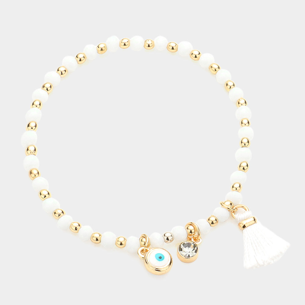 Madeline Love Gold, White Evil Eye Round Stone Tassel Charm Faceted Beaded Stretch Bracelet - Bracelets