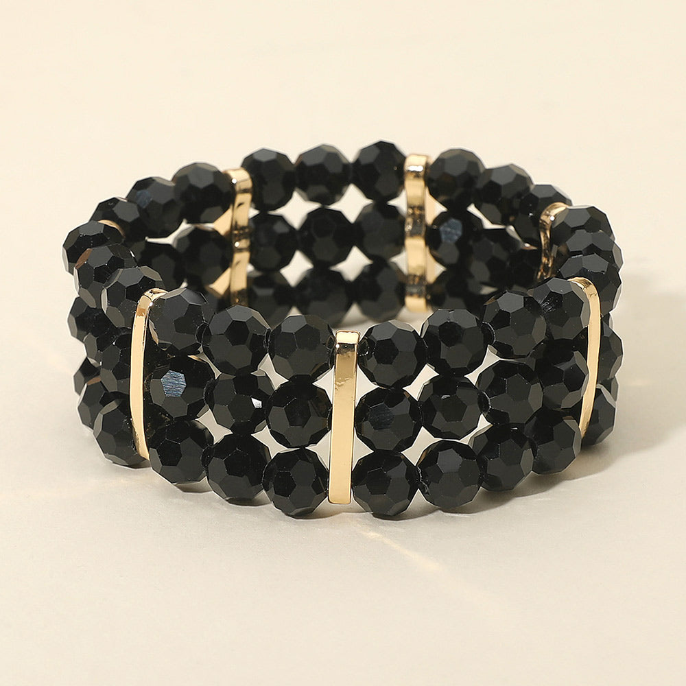 Madeline Love Black, Gold Triple Row Faceted Beaded Strand Stretch Bracelet - Bracelets