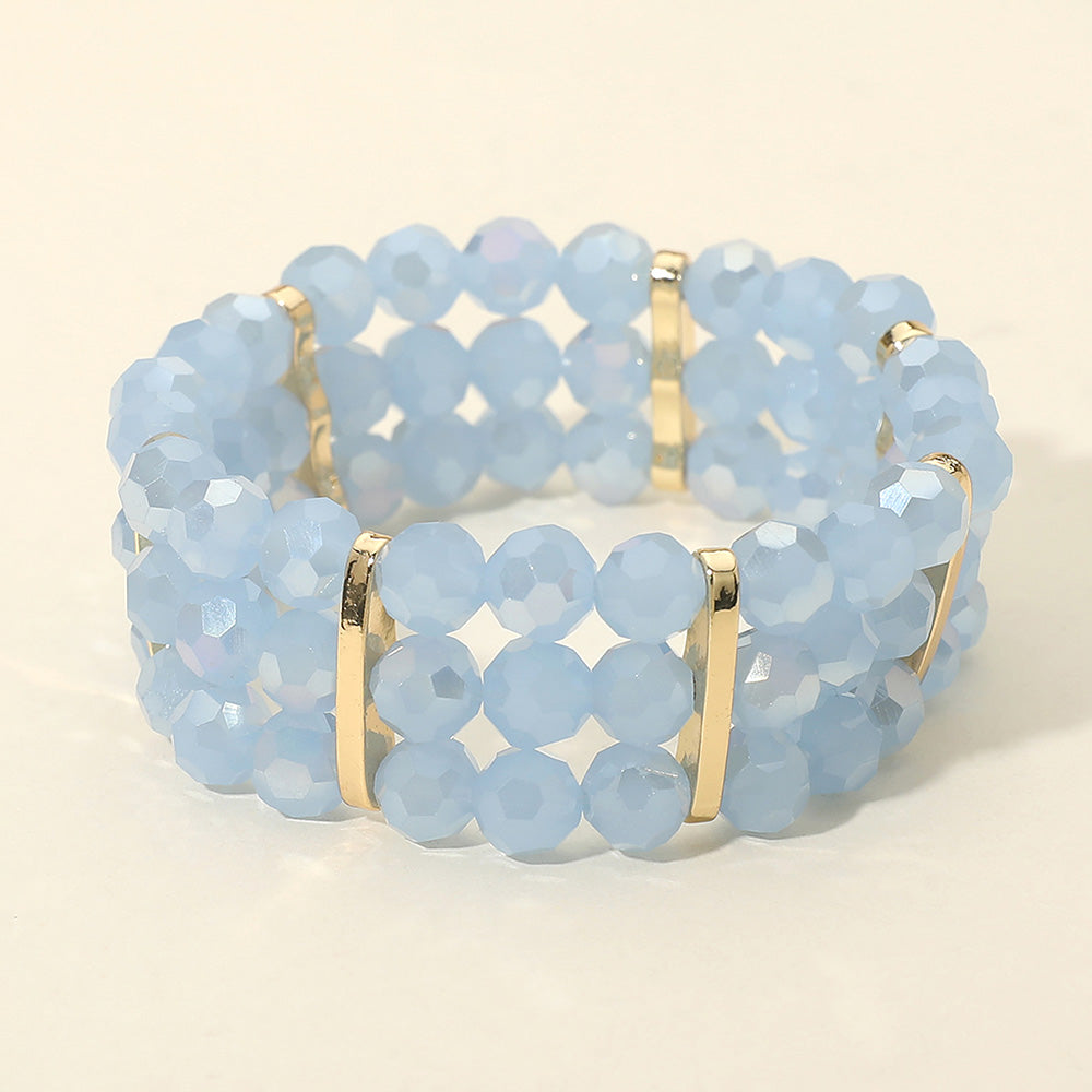 Madeline Love Blue, Gold Triple Row Faceted Beaded Strand Stretch Bracelet - Bracelets