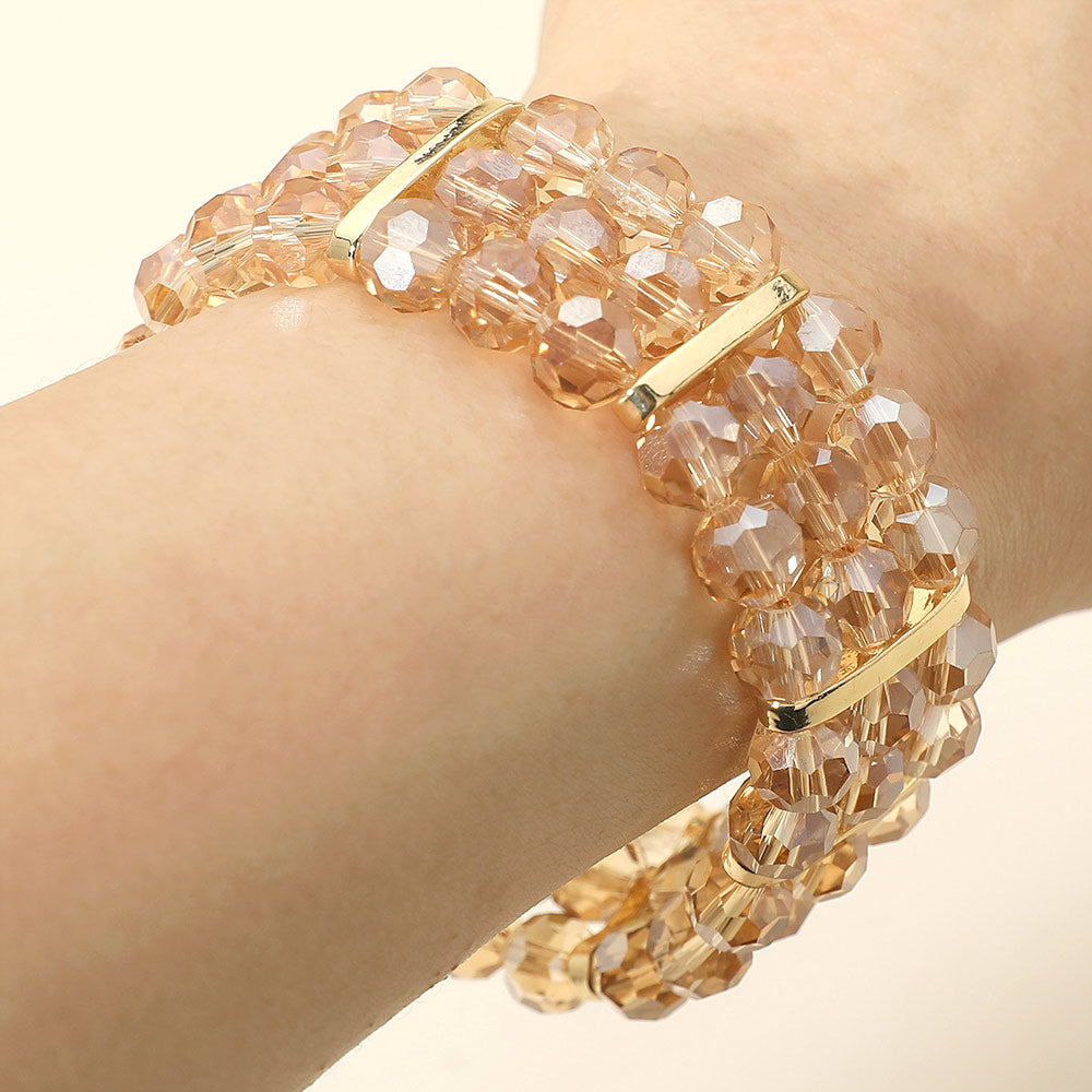 Madeline Love Champagne, Gold Triple Row Faceted Beaded Strand Stretch Bracelet - Bracelets