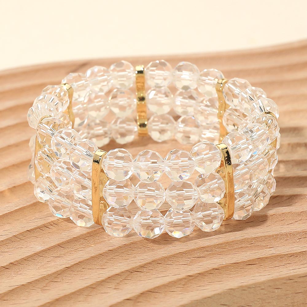 Madeline Love Clear, Gold Triple Row Faceted Beaded Strand Stretch Bracelet - Bracelets