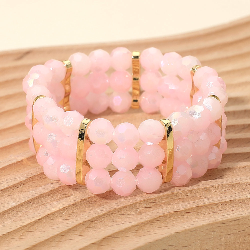 Madeline Love Gold, Opal, Pink Triple Row Faceted Beaded Strand Stretch Bracelet - Bracelets