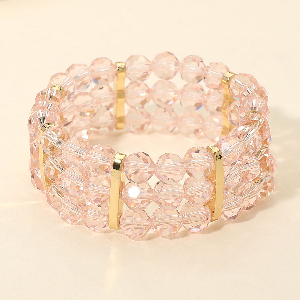 Madeline Love Gold, Pink Triple Row Faceted Beaded Strand Stretch Bracelet - Bracelets