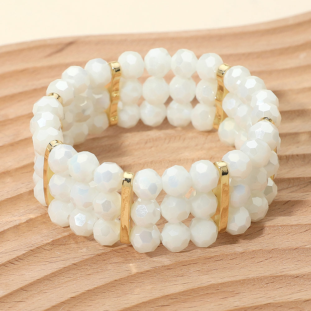 Madeline Love Gold, White Triple Row Faceted Beaded Strand Stretch Bracelet - Bracelets