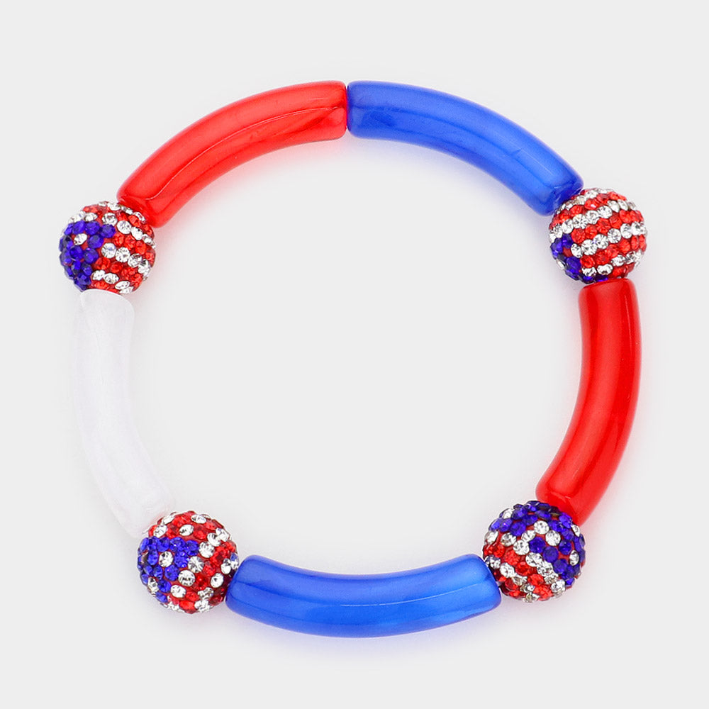 Madeline Love Multi American USA Flag Shamballa Ball Pointed Stretch Bracelet - Jewelry