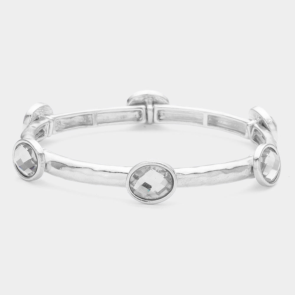 Madeline Love Clear, Rhodium Oval Stone Cluster Pointed Stretch Bracelet - Bracelets