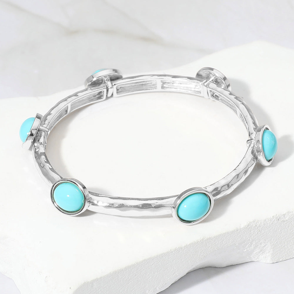 Madeline Love Rhodium, Turquoise Oval Stone Cluster Pointed Stretch Bracelet - Bracelets