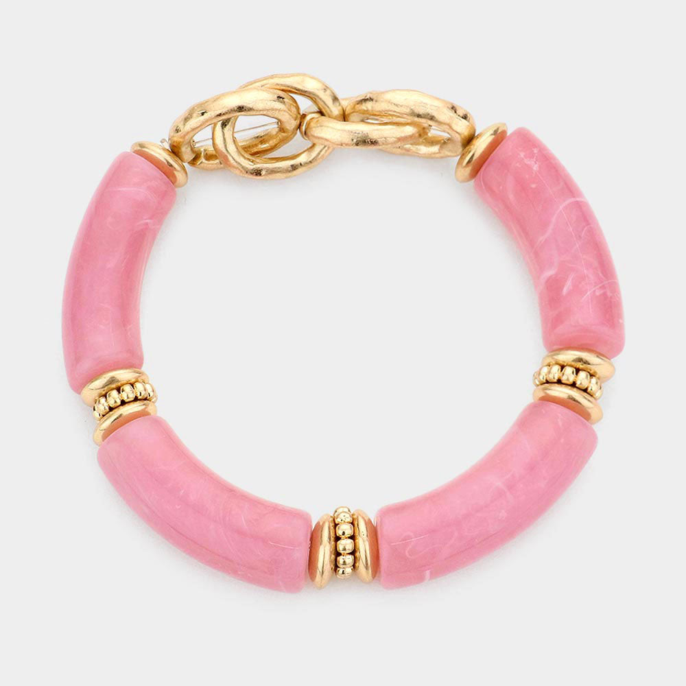 Madeline Love Pink Metal Chain Accented Celluloid Acetate Stretch Bracelet - Bracelets