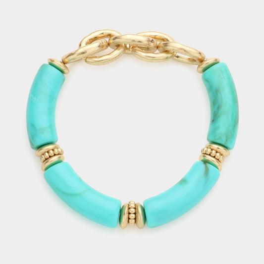 Madeline Love Turquoise Metal Chain Accented Celluloid Acetate Stretch Bracelet - Bracelets