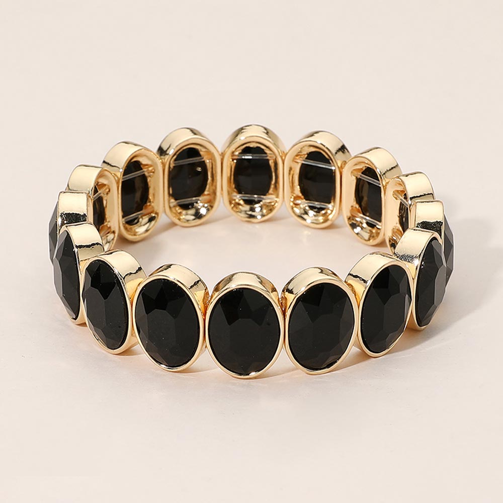 Madeline Love Black Oval Faceted Stone Beaded Stretch Evening Bracelet