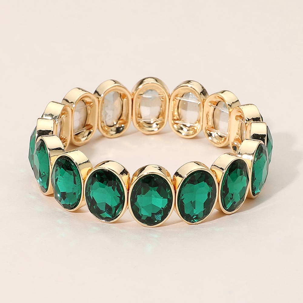 Madeline Love Emerald Oval Faceted Stone Beaded Stretch Evening Bracelet