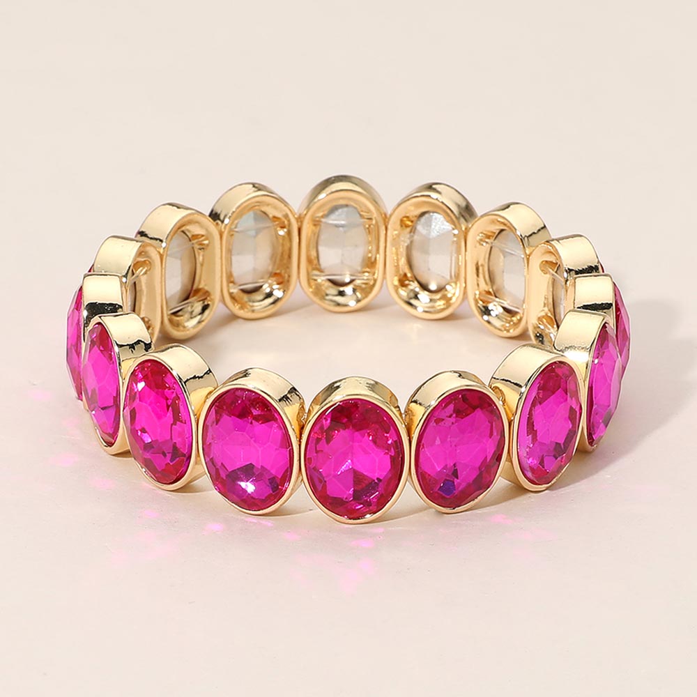 Madeline Love Fuchsia Oval Faceted Stone Beaded Stretch Evening Bracelet