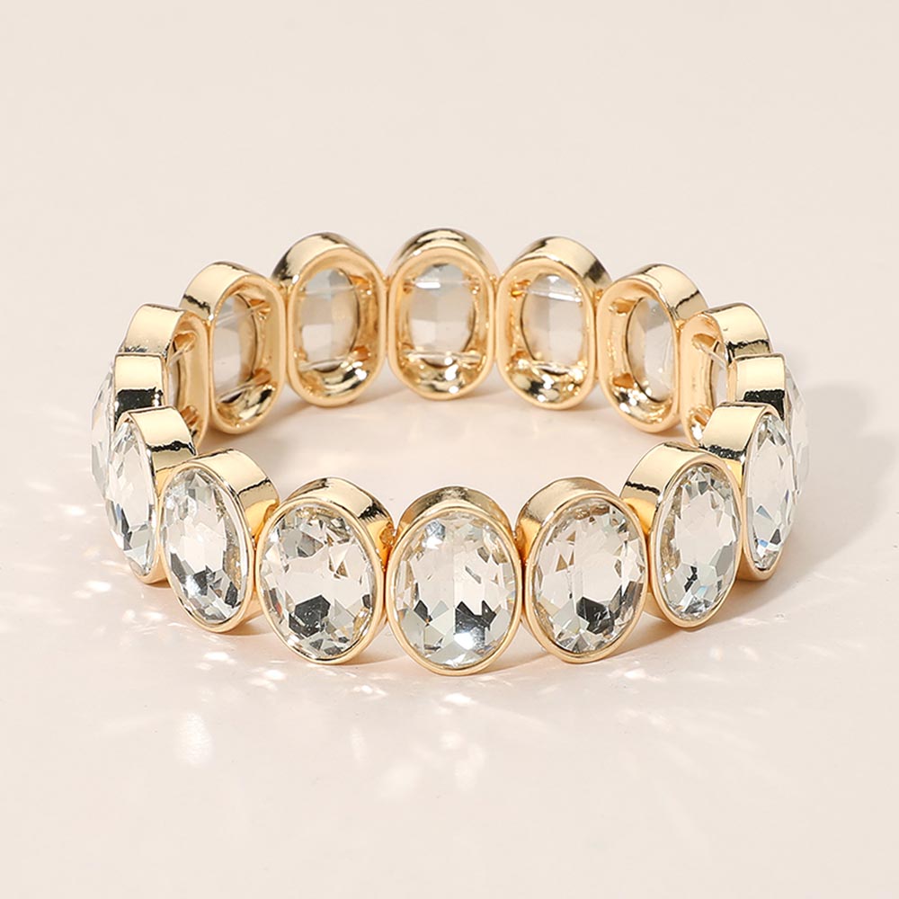 Madeline Love Clear, Gold Oval Faceted Stone Beaded Stretch Evening Bracelet