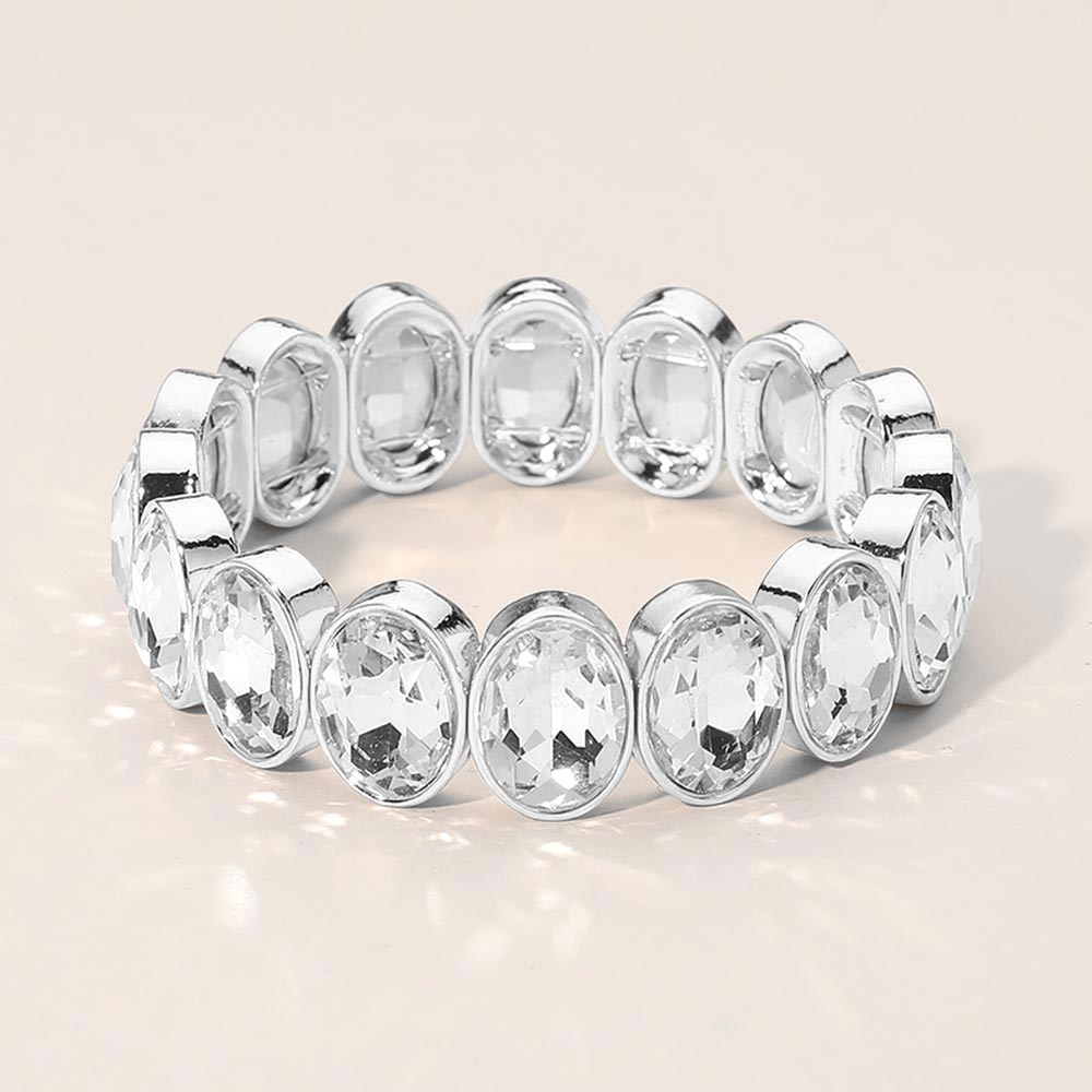 Madeline Love Clear, Silver Oval Faceted Stone Beaded Stretch Evening Bracelet