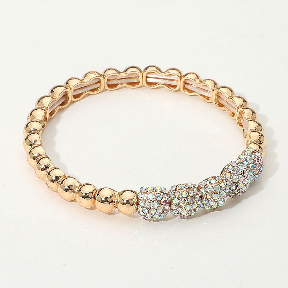 Madeline Love AB, Gold Rhinestone Paved Dome Beaded Stretch Bracelet