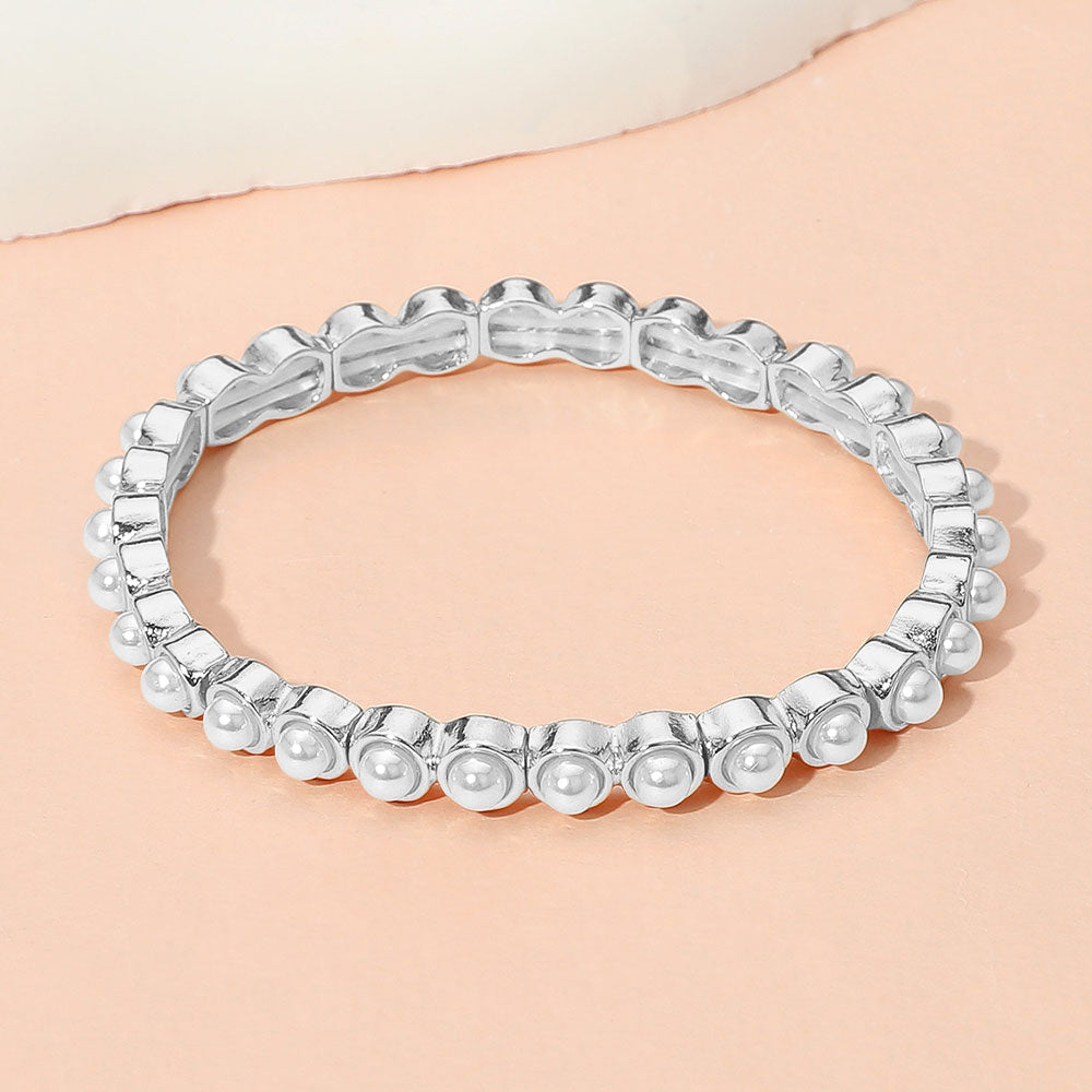 Madeline Love Silver, White Pearl Bezel Stretch Bracelet