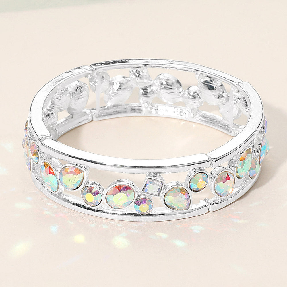 Madeline Love AB, Silver Multicolor Various Shaped Stone Bezel Embellished Open Frame Stretch Bracelet