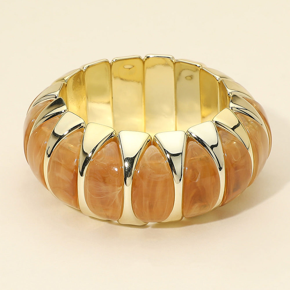 Madeline Love Gold, Ivory Chunky Marbled Resin Inlay Stretch Bracelet - Bracelets