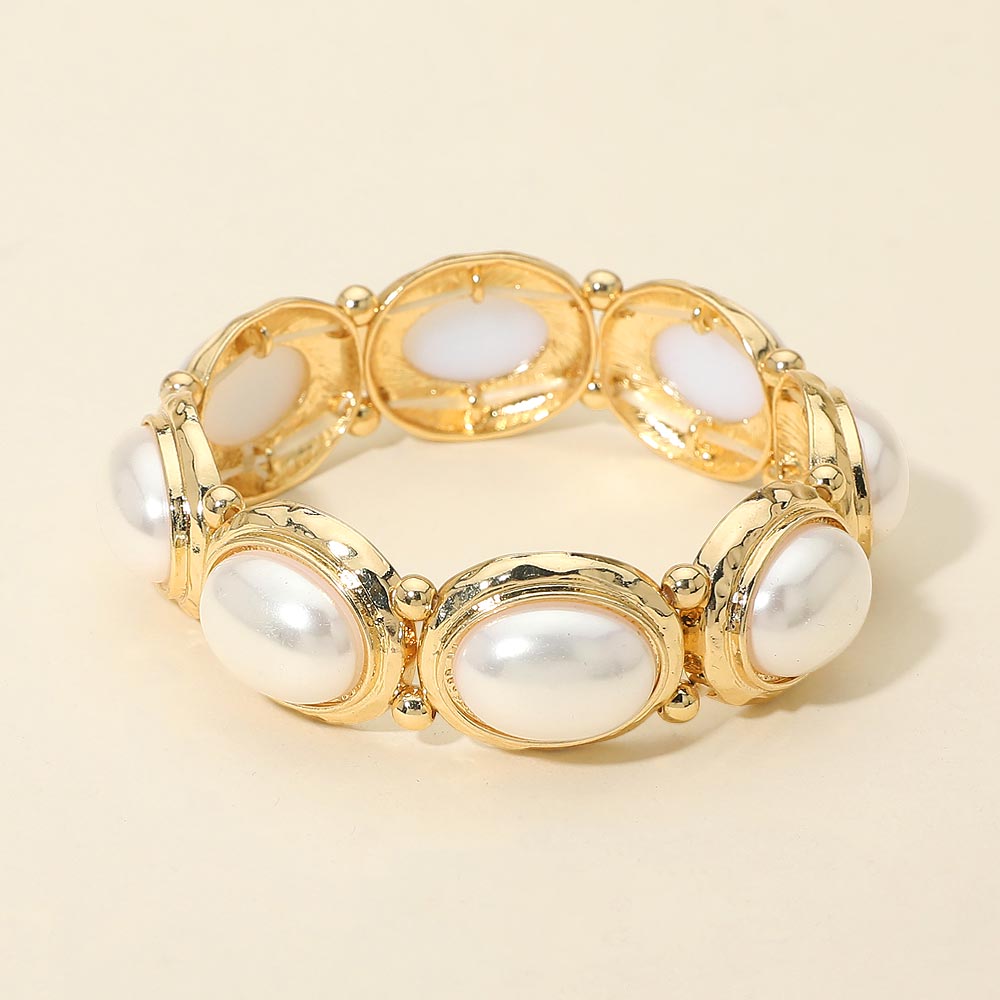 Madeline Love Cream, Gold Oval Pearl Stone Cluster Beaded Stretch Bracelet