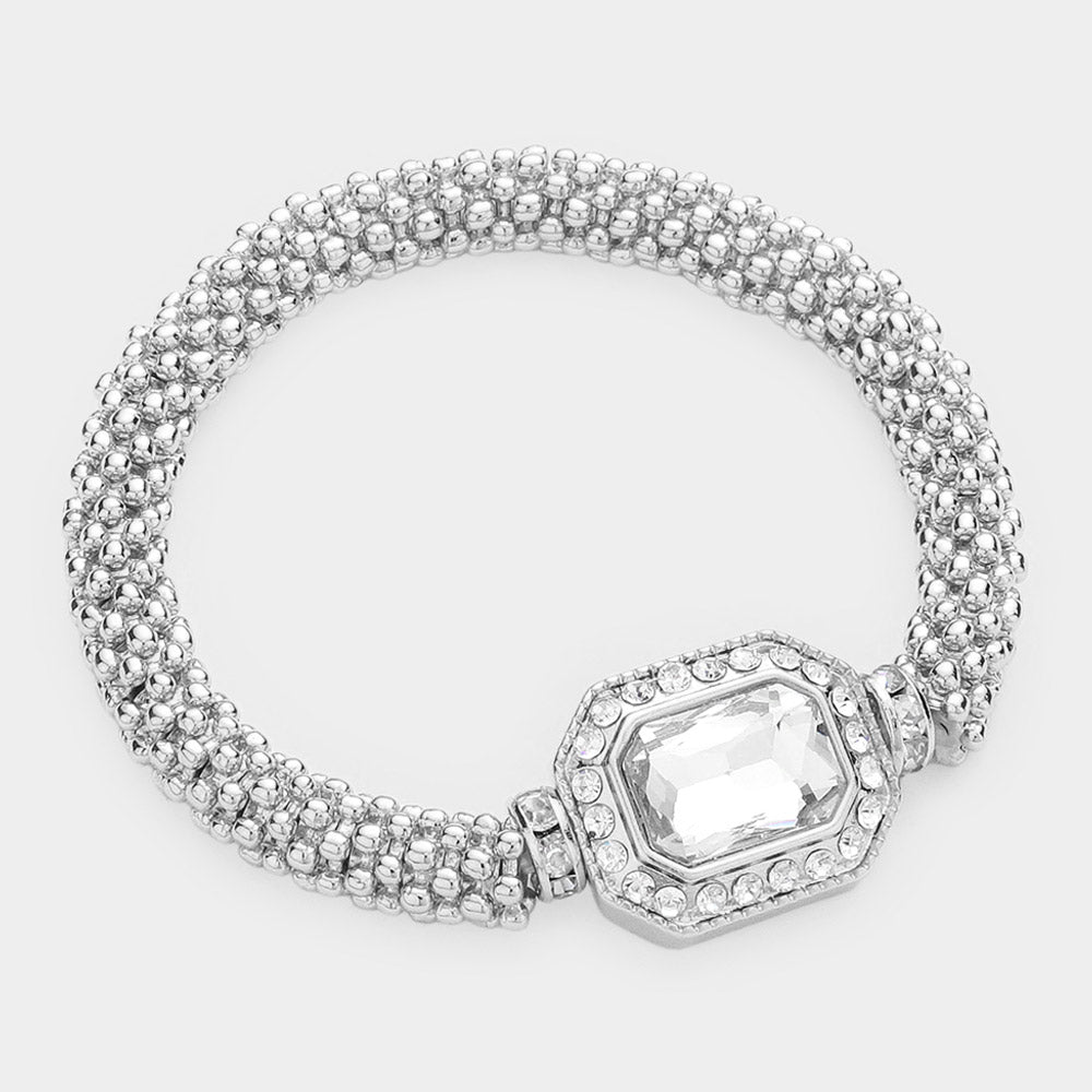 Madeline Love Rhodium Hexagon Stone Accented Metal Bubble Stretch Bracelet