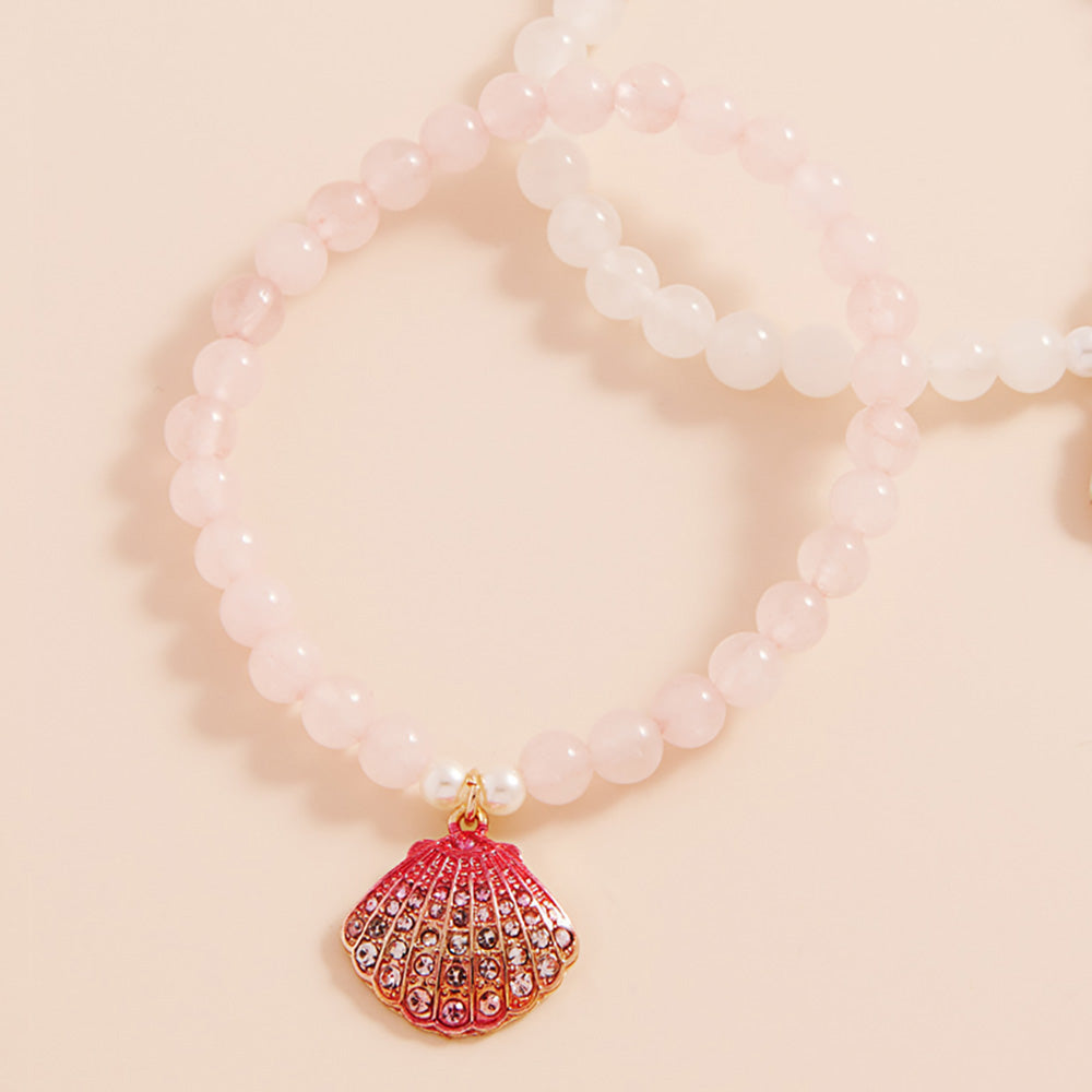 Gold, Pink Stone Paved Colored Metal Seashell Faceted Beaded Stretch Bracelet