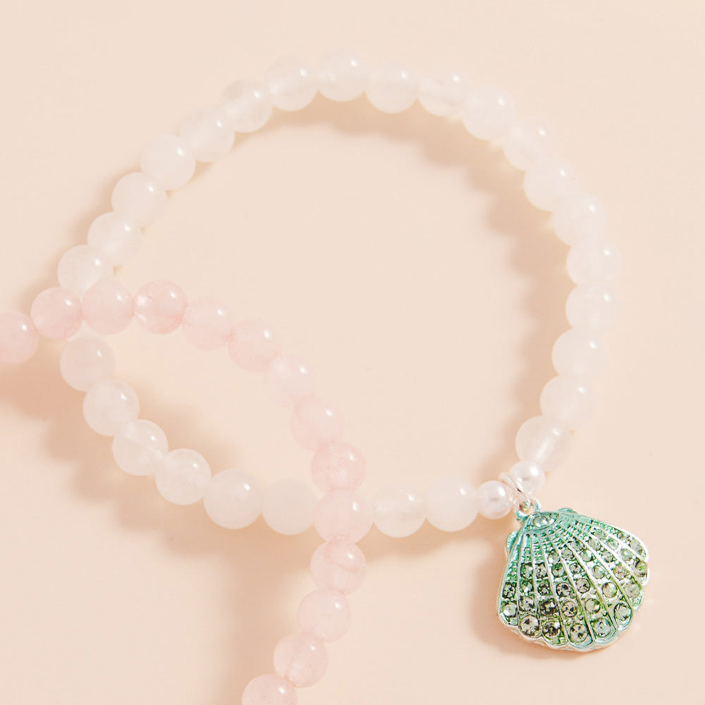 Mint, Silver Stone Paved Colored Metal Seashell Faceted Beaded Stretch Bracelet