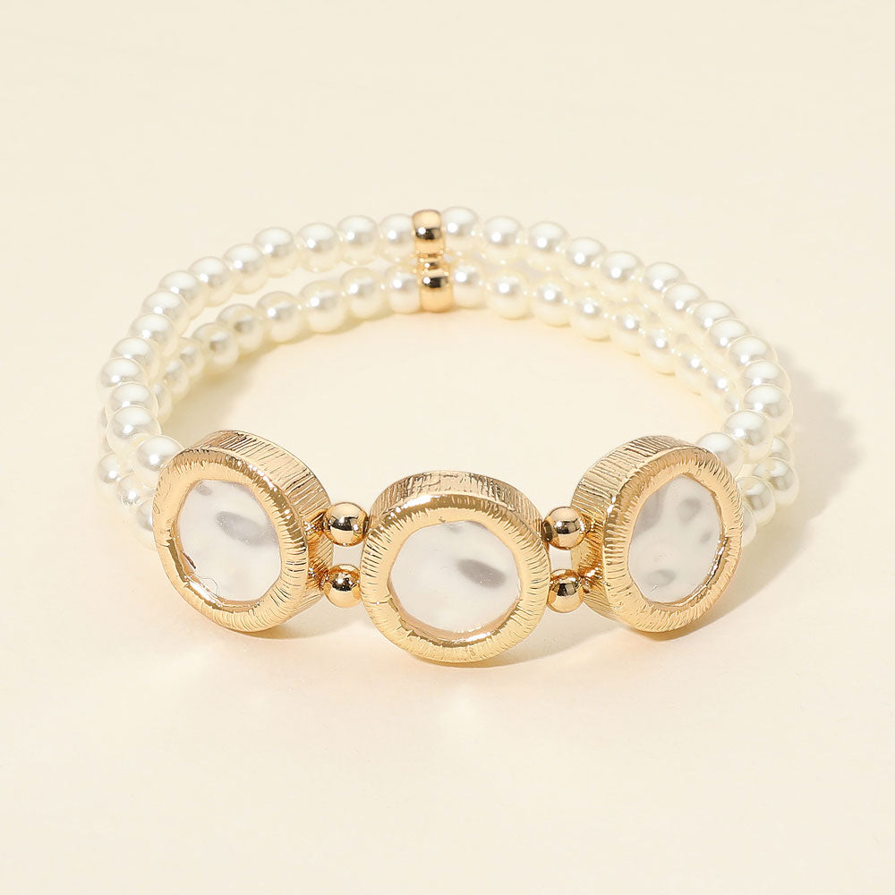Madeline Love Cream, Gold Triple Organic Round Pearl Disc Frame Double Layered Pearl Beaded Stretch Bracelet