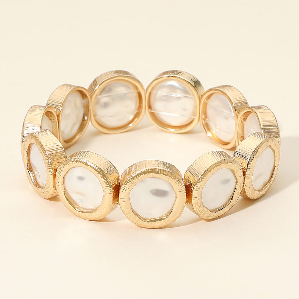 Madeline Love Cream, Gold Irregular Round Pearl Cluster Beaded Stretch Bracelet