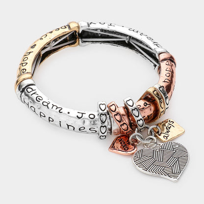 Friendship Message Heart Pendant Charm Metal Stretch Bracelet