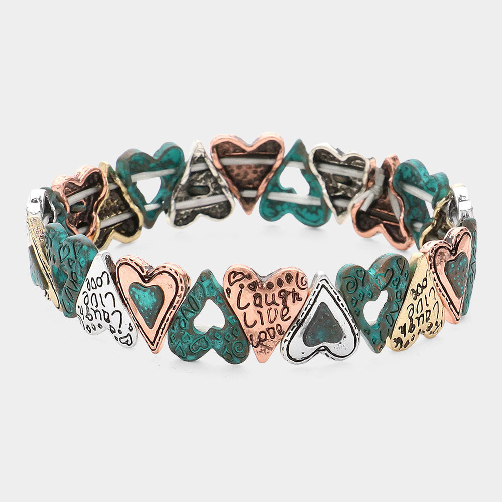 Madeline Love Patina Verdigris Message Engraved Vintage Metal Heart Stretch Bracelet - Bracelets