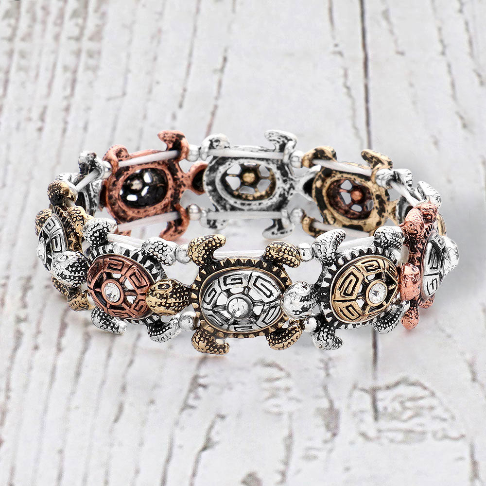 Madeline Love Three Tone Antique Metal Stone Centered Turtle Link Stretch Bracelet - Jewelry