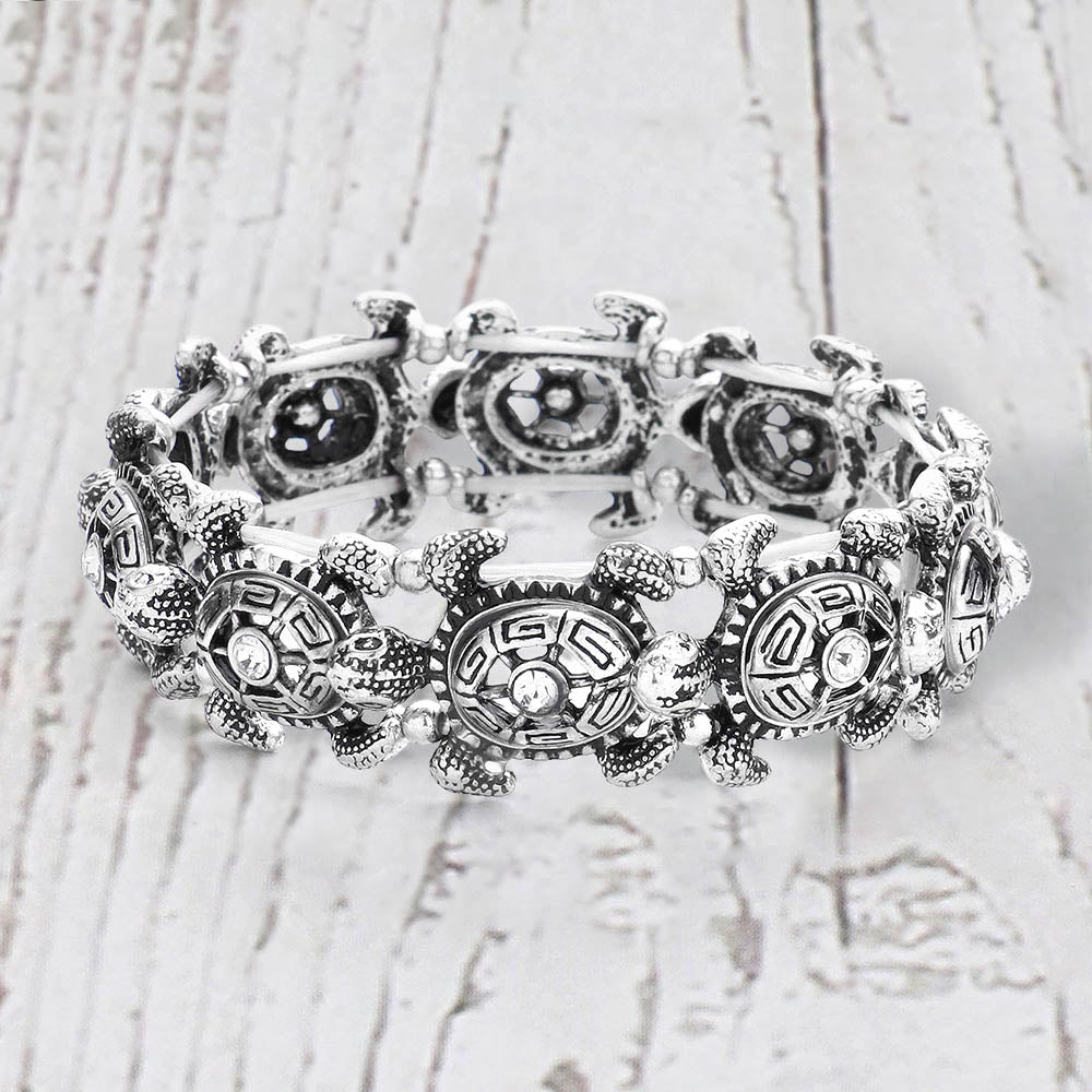Madeline Love Silver Burnished Antique Metal Stone Centered Turtle Link Stretch Bracelet - Jewelry