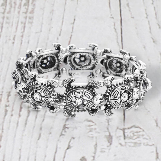 Madeline Love Silver Burnished Antique Metal Stone Centered Turtle Link Stretch Bracelet - Jewelry