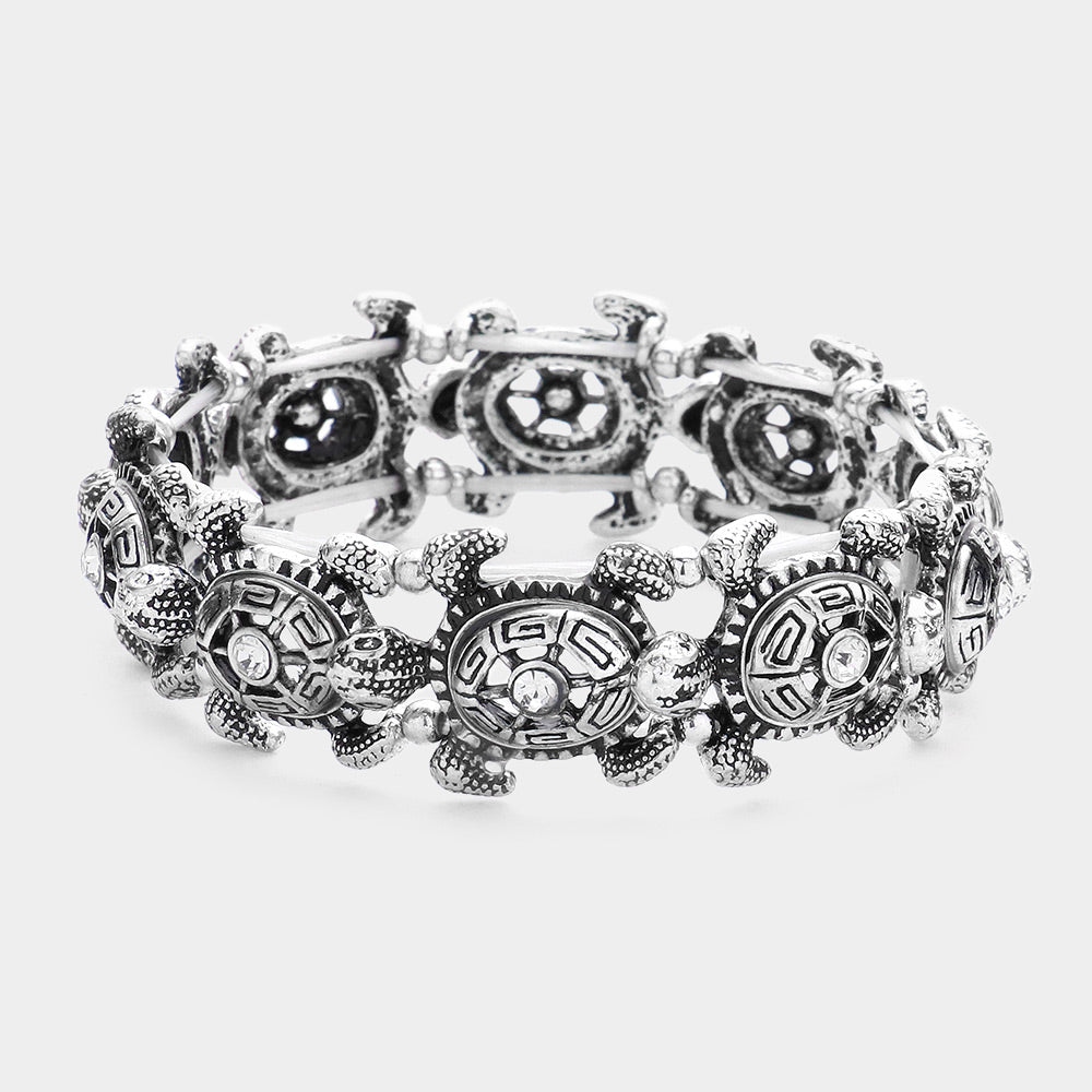 Silver Burnished Stone Pointed Antique Metal Turtle Link Stretch Bracelet