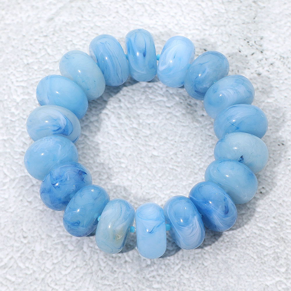 Madeline Love Gold, Light Blue Chunky Marbled Rounded Pebble Beaded Stretch Bracelet - Bracelets
