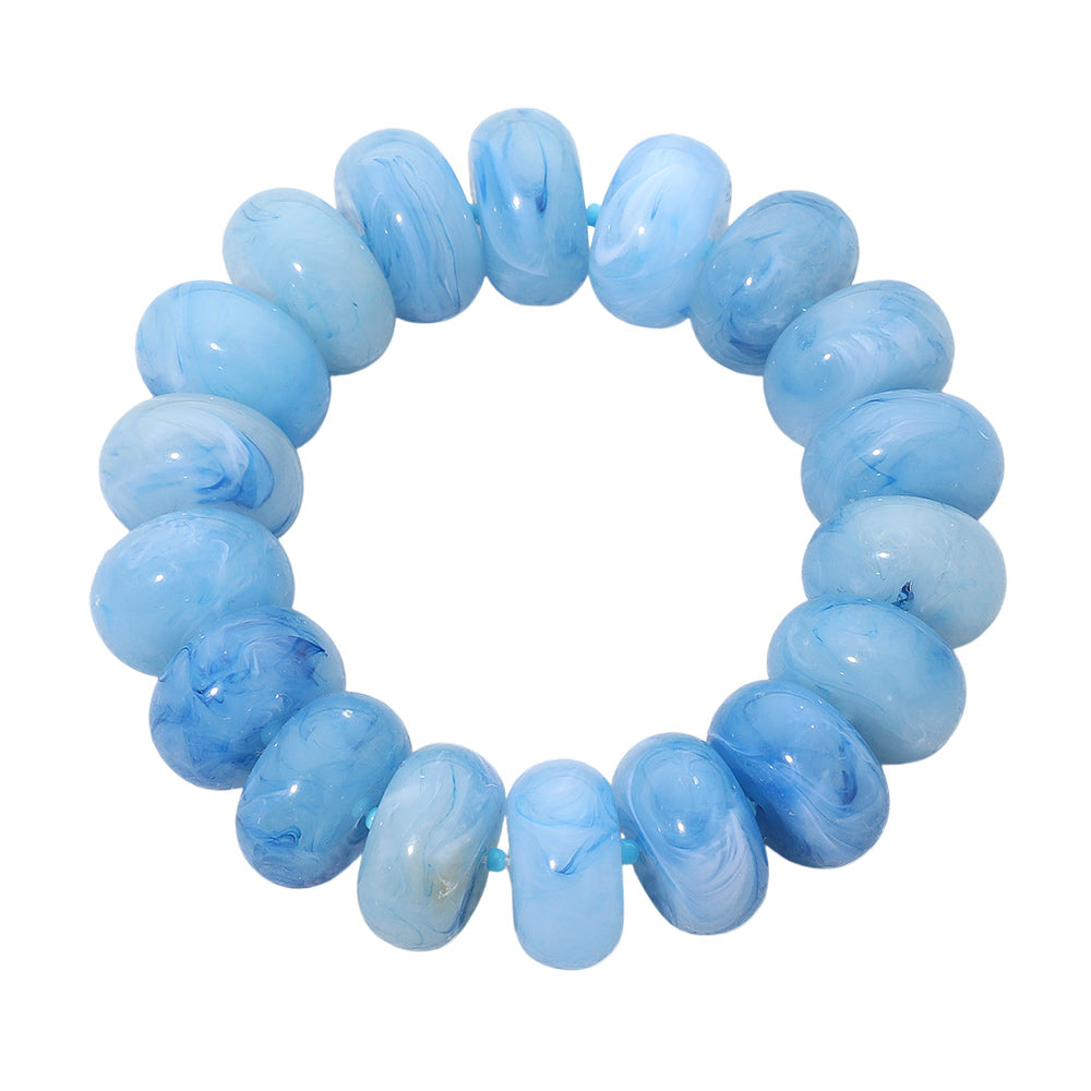 Madeline Love Gold, Light Blue Chunky Marbled Rounded Pebble Beaded Stretch Bracelet - Bracelets - desc