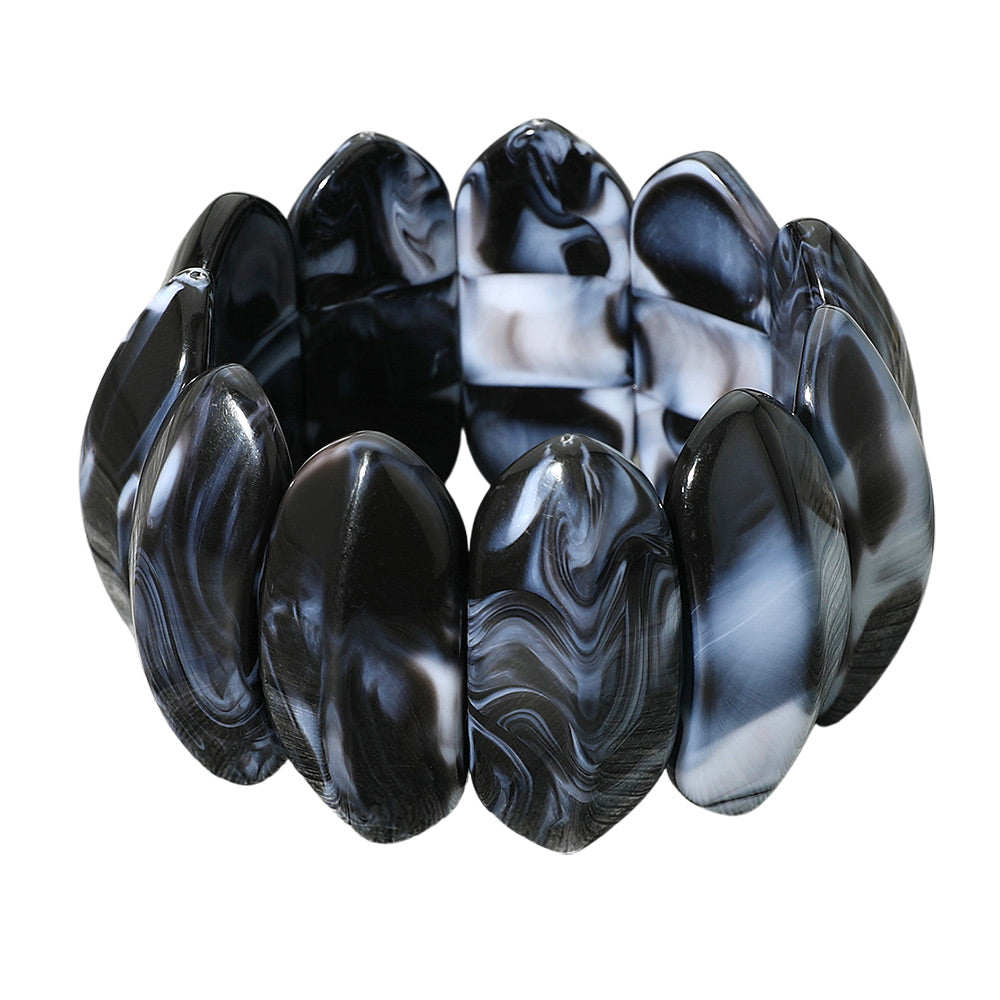 Madeline Love Black Bold Marbled Oval Penal Beaded Stretch Bracelet - Bracelets - desc