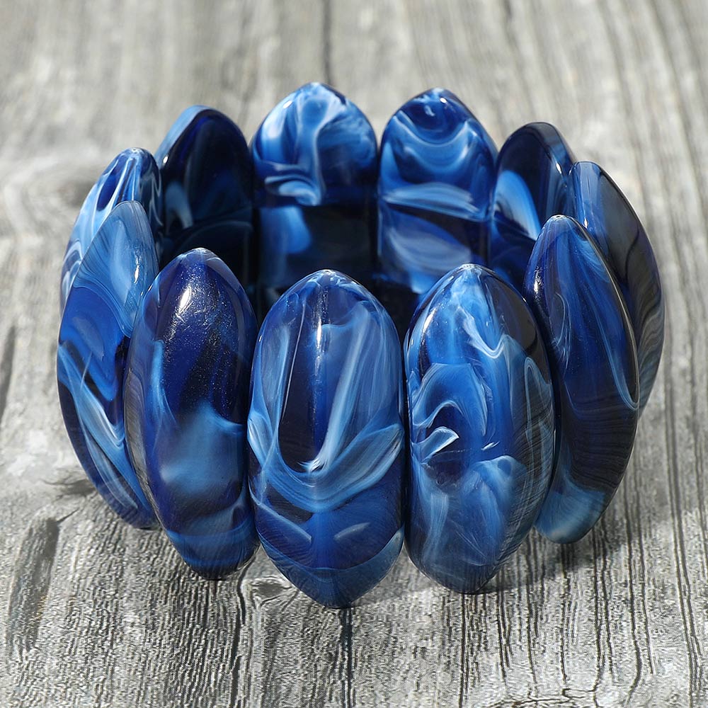 Madeline Love Blue Bold Marbled Oval Penal Beaded Stretch Bracelet - Bracelets