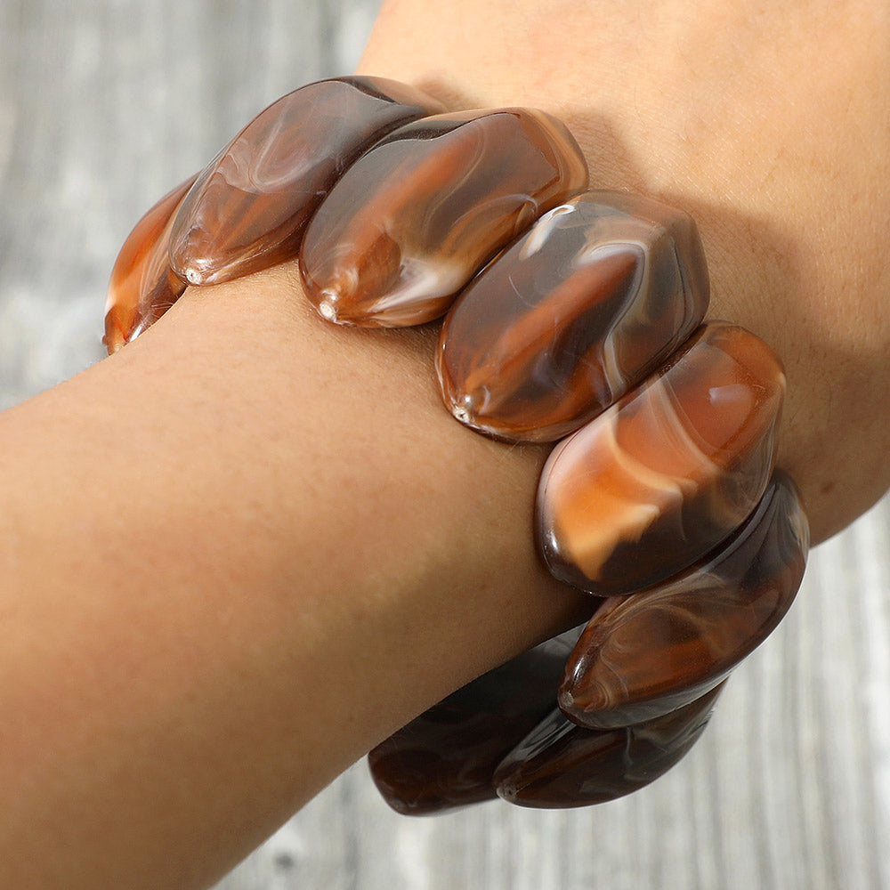 Madeline Love Brown Bold Marbled Oval Penal Beaded Stretch Bracelet - Bracelets