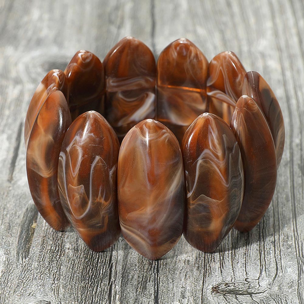 Madeline Love Brown Bold Marbled Oval Penal Beaded Stretch Bracelet - Bracelets - desc