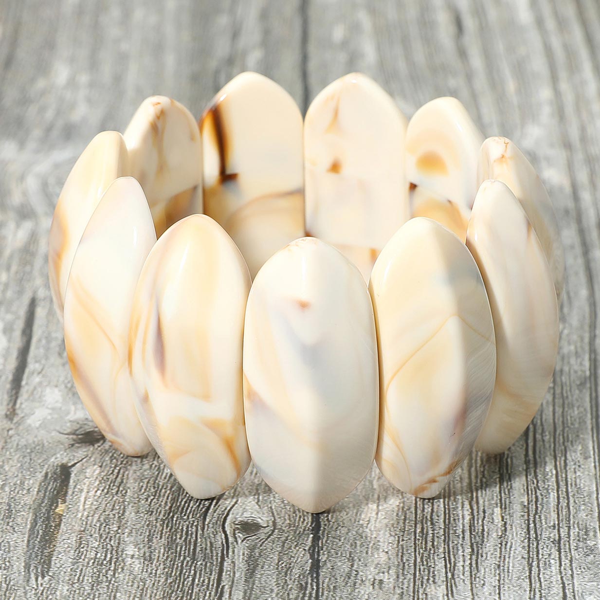 Madeline Love Ivory Bold Marbled Oval Penal Beaded Stretch Bracelet - Bracelets